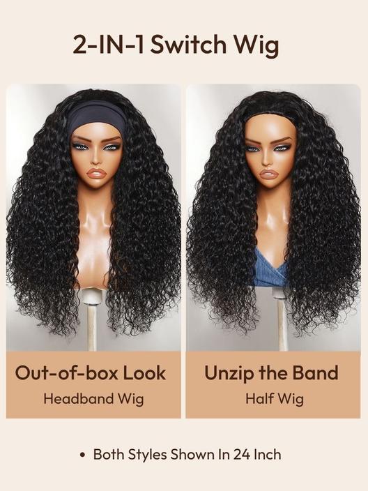 2-in-1 switch wig transforming from a headband wig to a half wig by unzipping the band.