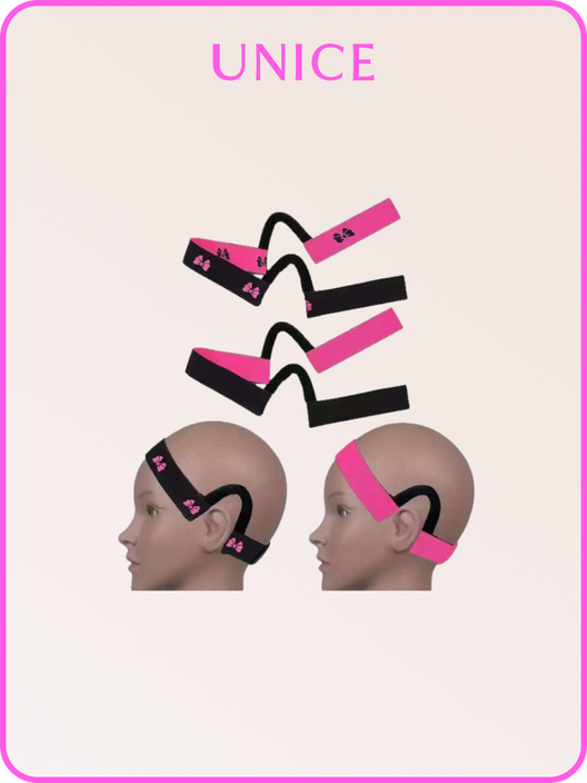 The UNice Soft Adjustable Elastic Wig Band for Comfortable Wear image highlights UNICE and a pink and black headband with the words, ' un '.