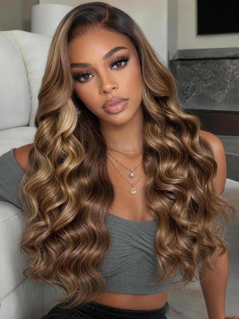 UNice Bye-Bye Slip™ 7x5 Lace Glueless Ash Brown Highlights Luxury Body Wave Drawstring Wig with Dark Roots