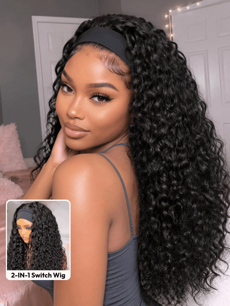 UNice Water Wave In Natural Black 2-In-1 Switch™ Breathable Headband Wig with Flexible Drawstring