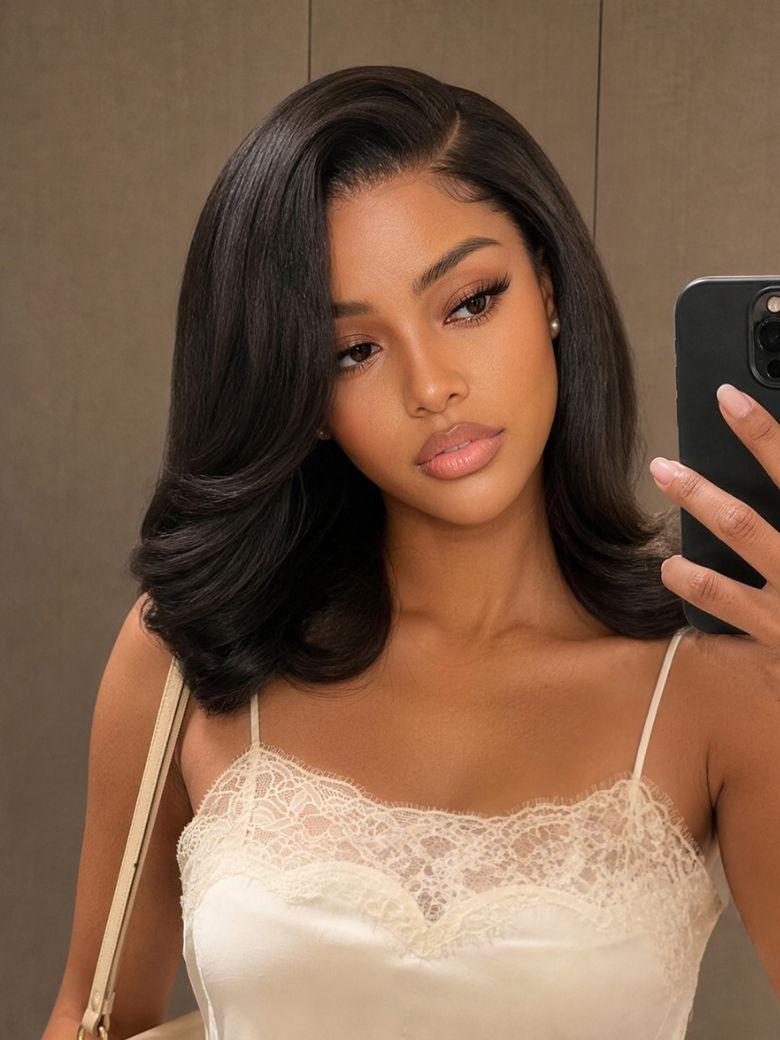 UNice Bye-Bye Slip™ 6x4 Lace Glueless Yaki Straight 90s Blowout Bob Wig with Side Part & Feathered Ends