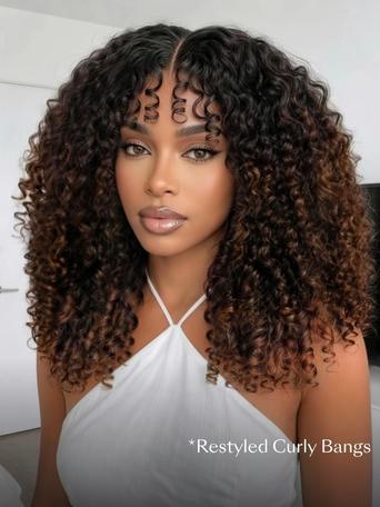 UNice Ombre Brown Burmese Curly Wig With Finger Curly Ends Bye-Bye Slip™ 7×5 Lace Closure Glueless Glam-Ready Defined Curl Finish Subtle Ombre Blend