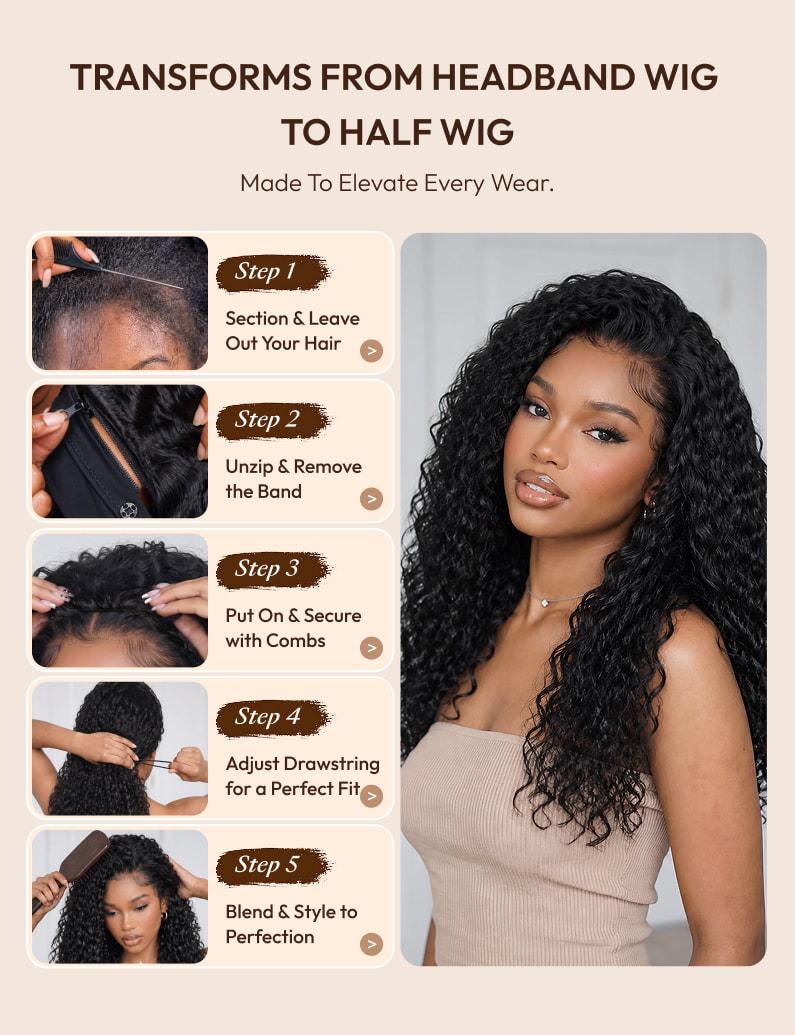 5-step guide to transform a unice headband wig into a half wig by unzipping and using combs and a drawstring