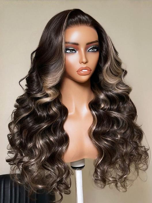 A model displays the UNice Bye Bye Slip 7x5 Lace Glueless Ash Brown Highlights Luxury Body Wave wig, showing a model with long wavy hair and brown eyes and body wave.