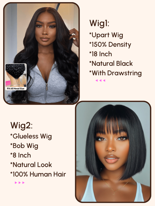 A model displays the UNice Pay $79 Get 2 wig 24H, showing wigs for black women.