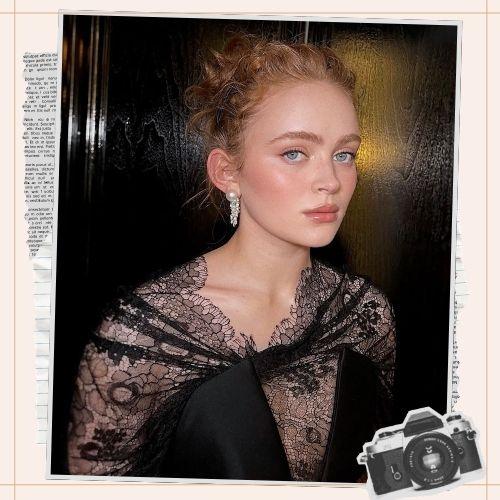 Sadie Sink elegant messy updo hairstyle with red hair