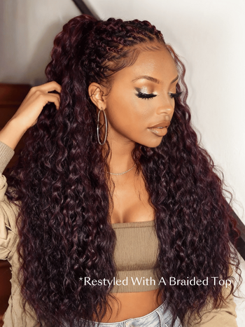 UNice 13x4 Bye-Bye Slip™ Lace Frontal Black Cherry Water Wave Glueless Drawstring Wig 100% Human Hair 150% Density
