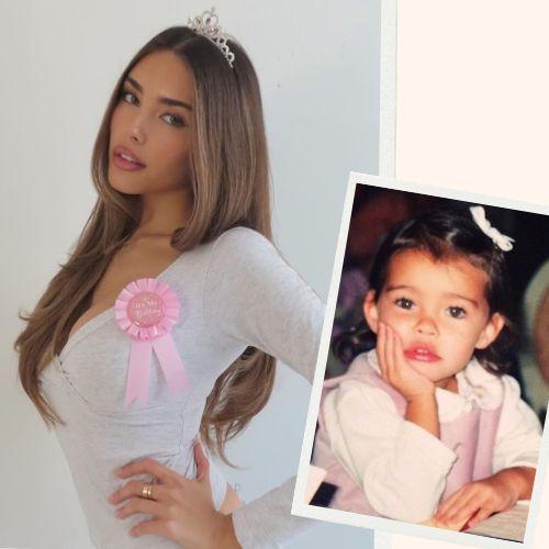 Madison Beer natural dark hair shown in childhood and adult photos