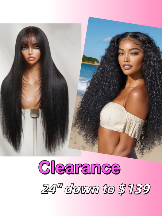 7x5 Bye Bye Slip Lace Black Glueless Long Layered Yaki Straight Drawstring Wig with Wispy Bangs& Water Wave Curly Drawstring Wig