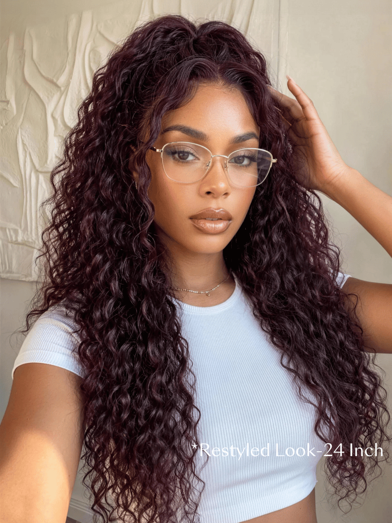 UNice 13x4 Bye-Bye Slip™ Lace Frontal Black Cherry Water Wave Glueless Drawstring Wig 100% Human Hair 150% Density
