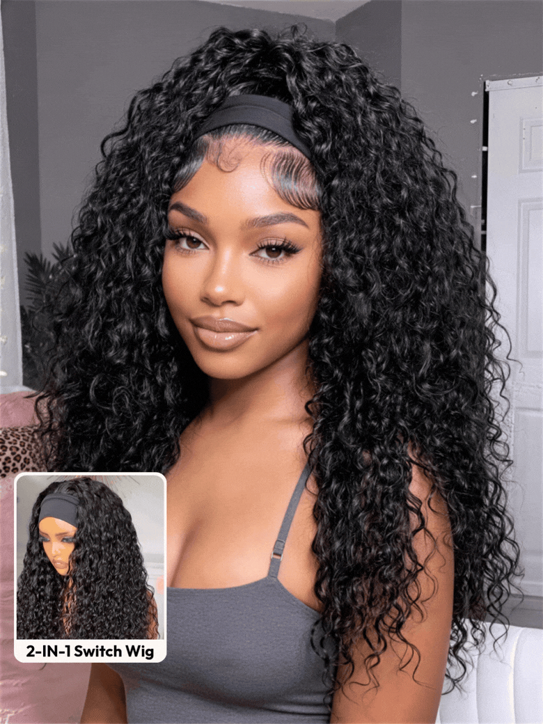 UNice Water Wave In Natural Black 2-In-1 Switch™ Breathable Headband Wig with Flexible Drawstring