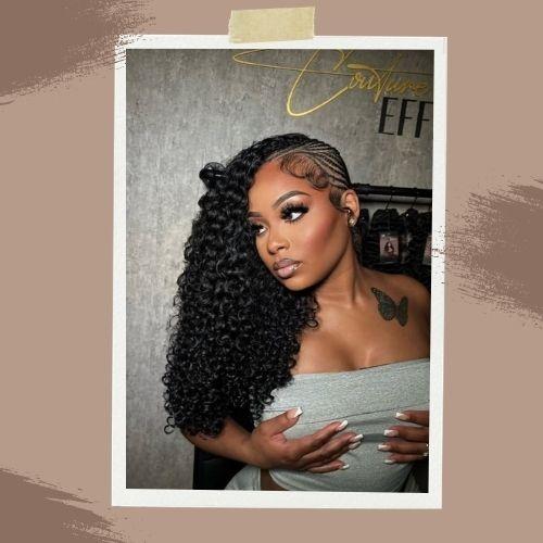 Side braided Cassie hairstyle featuring deep curls