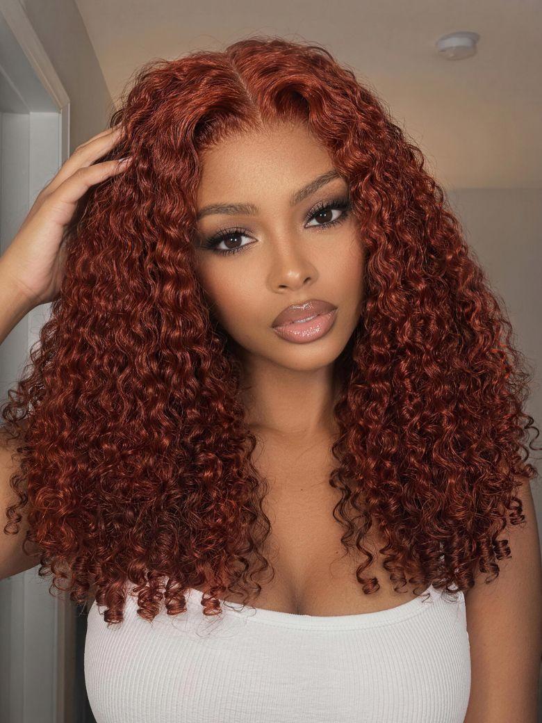 UNice Reddish Brown Burmese Curly Wig With Finger Coil Ends Bye-Bye Slip™ 7×5 Lace Closure Glueless Glam-Ready Natural Volume