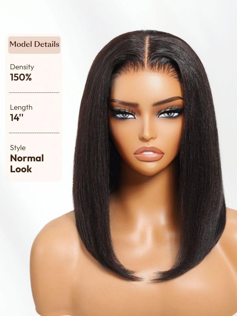 UNice 14-inch yaki straight wig comparison chart showing the normal look versus the pre-layered style.