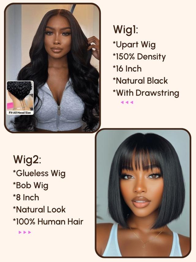 A model displays the UNice Pay $79 Get 2 wig 24H, showing wigs for black women.