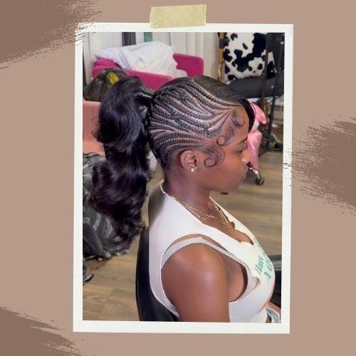 High ponytail Cassie braids with cornrow detail and curly ponytail