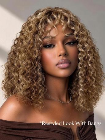UNice Honey Blonde Highlights Water Curly Wig Bye-Bye Slip™ 7×5 Lace Closure Glueless Glam-Ready Festival Chic Short Curls Blonde Dimension