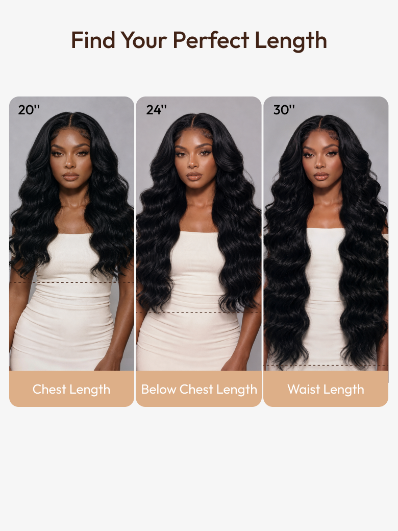 The UNice 13x4 HD Lace Bye Bye Slip Body Wave Wig - Human Hair Glueless Pull & Go Fit image highlights Find Your Perfect Length, TopOfChest, BottomOfChest, Waist ToHip.