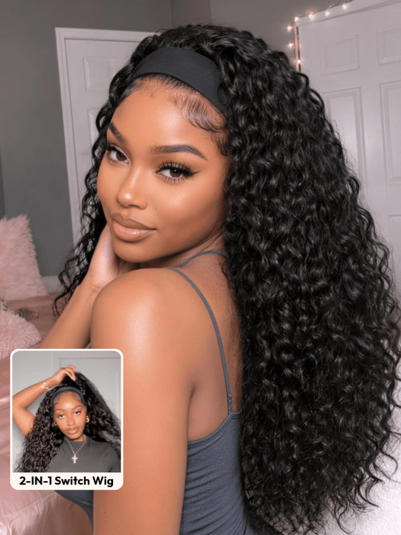 UNice Water Wave In Natural Black 2-In-1 Switch™ Breathable Headband Wig with Flexible Drawstring