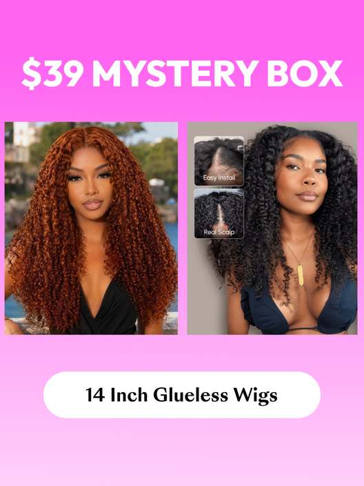The UNice FULL Lace Wig Hiding Inside UNICE $39 Surprise Box Win 20 Inch Glueless 100% image highlights Yurne, ourprise, Box, win 16-22 inch, a pink box with a question.