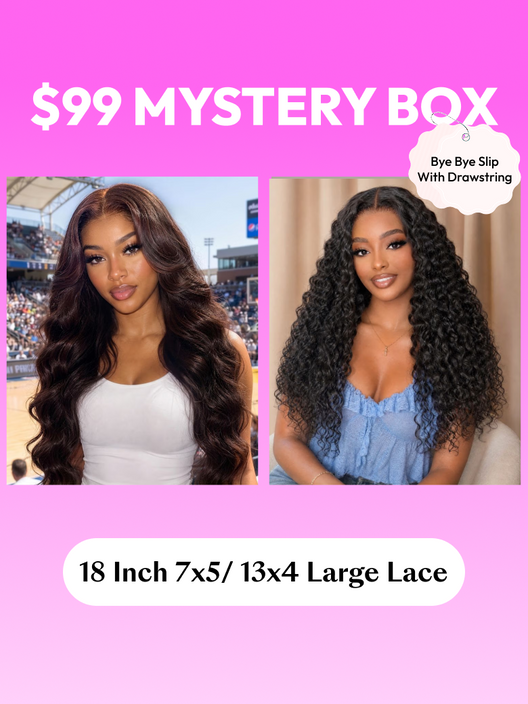The UNice FULL Lace Wig Hiding Inside UNICE $39 Surprise Box Win 20 Inch Glueless 100% image highlights Yurne, ourprise, Box, win 16-22 inch, a pink box with a question.