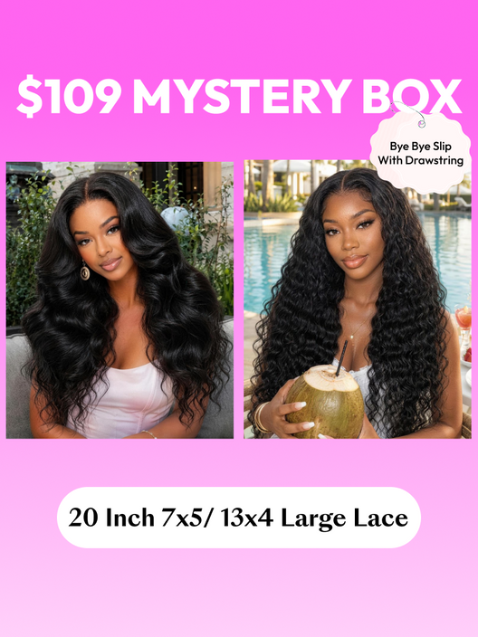 The UNice FULL Lace Wig Hiding Inside UNICE $39 Surprise Box Win 20 Inch Glueless 100% image highlights Yurne, ourprise, Box, win 16-22 inch, a pink box with a question.