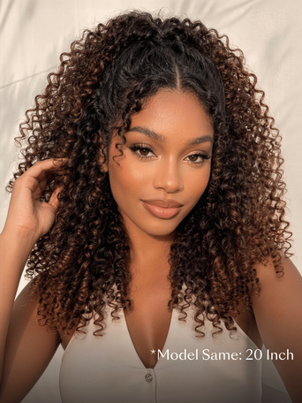 UNice 7x5 Bye Bye Slip™ Glueless Lace Black to Chestnut Brown Ombre Burmese Curly With Finger Coil Ends Wig-Vacation Ready With Flexi-Fit Drawstring