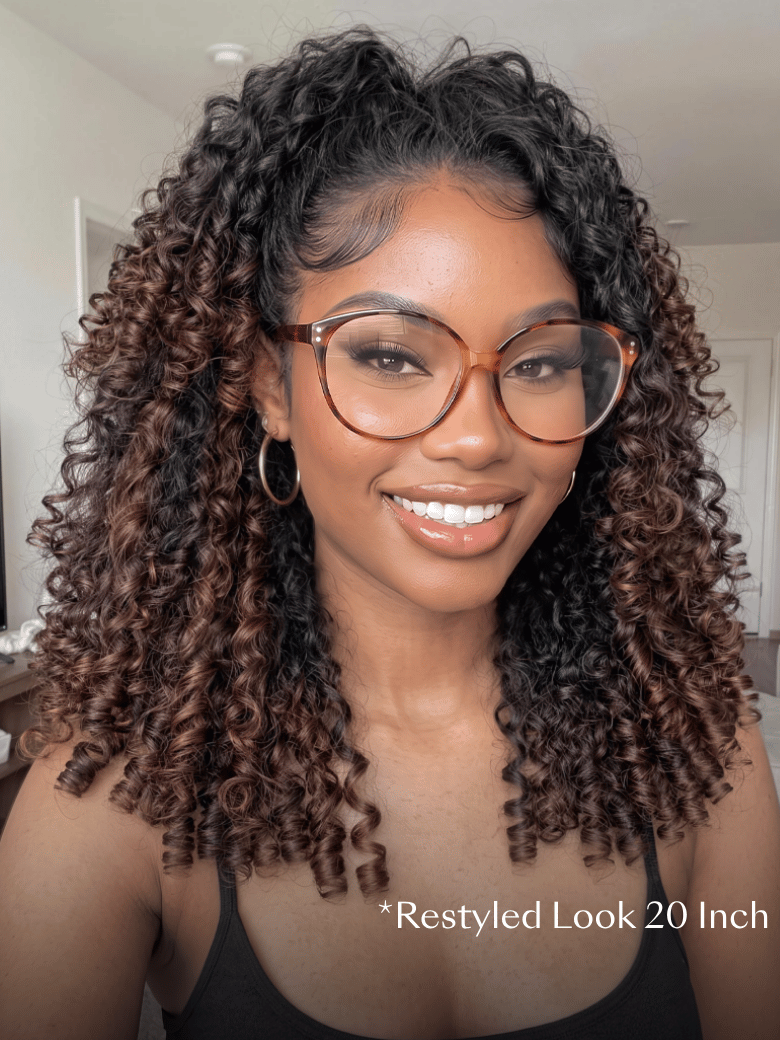 UNice 7x5 Bye Bye Slip™ Glueless Lace Black to Chestnut Brown Ombre Burmese Curly With Finger Coil Ends Wig-Vacation Ready With Flexi-Fit Drawstring
