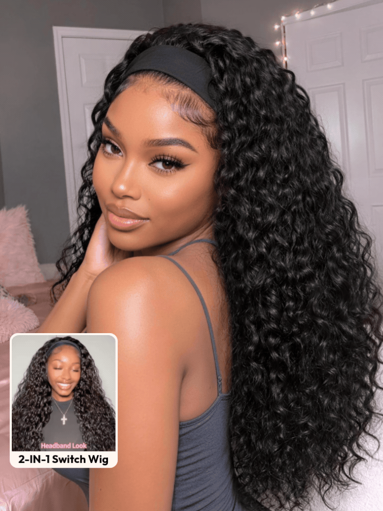 UNice Water Wave In Natural Black 2-In-1 Switch™ Breathable Headband Wig with Flexible Drawstring