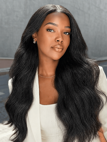 UNice InvisiBlend™ V Part Glueless Yaki Straight Natural Black Wig With Invisi Drawstring 100% Human Hair 180% Density