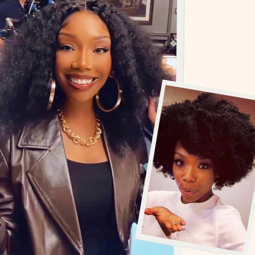 Brandy Norwood showing two natural hair styles including voluminous natural afro curls and soft twist out