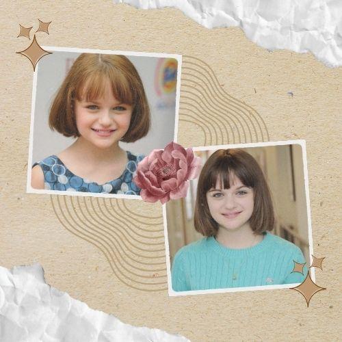 Photo collage showing Joey King as a child with short brown bob haircuts and natural hair color