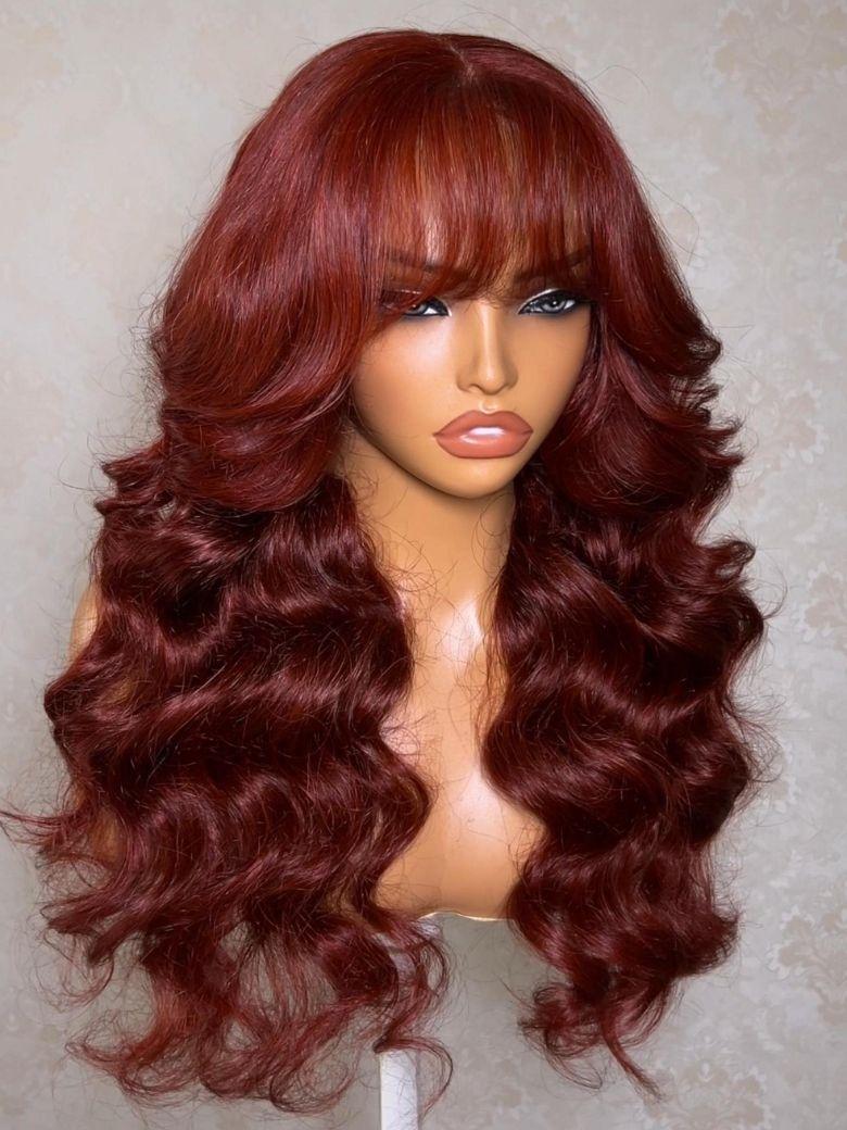 UNice Reddish Brown Loose Wave Wig with Bangs Glueless Human Hair Wig
