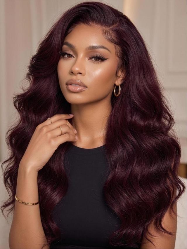 A model displays the UNice 7x5 & 13x4 Bye Bye Slip Glueless Lace Purple Black Cherry Loose Wave & Layered, showing a wig with long dark purple hair and loose wave.