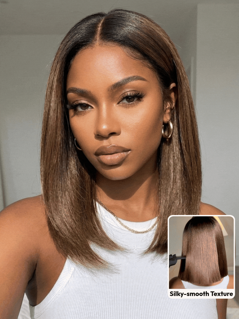[ Down to $69 ] UNice Bye-Bye Slip 13x4 Lace Black to Chestnut Brown Ombre Yaki Bob Wig Limited Time Sale