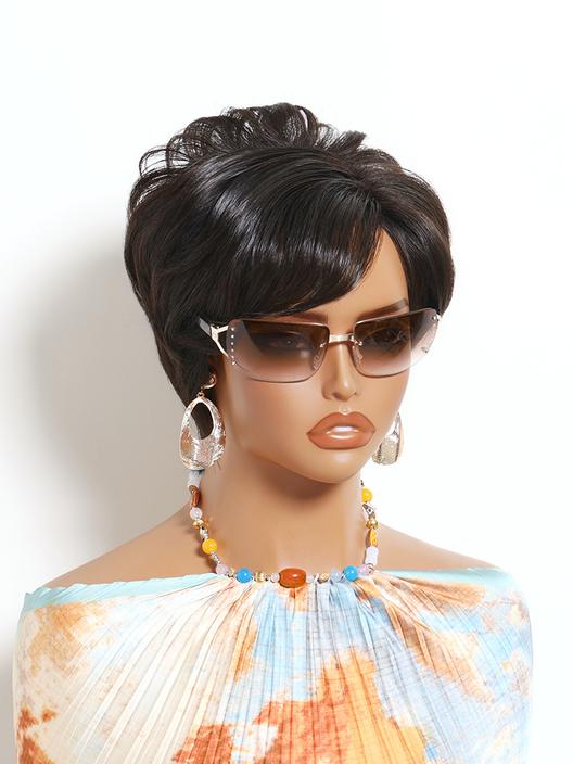 Short black layered pixie cut wig with side bangs shown on a mannequin in a denim top