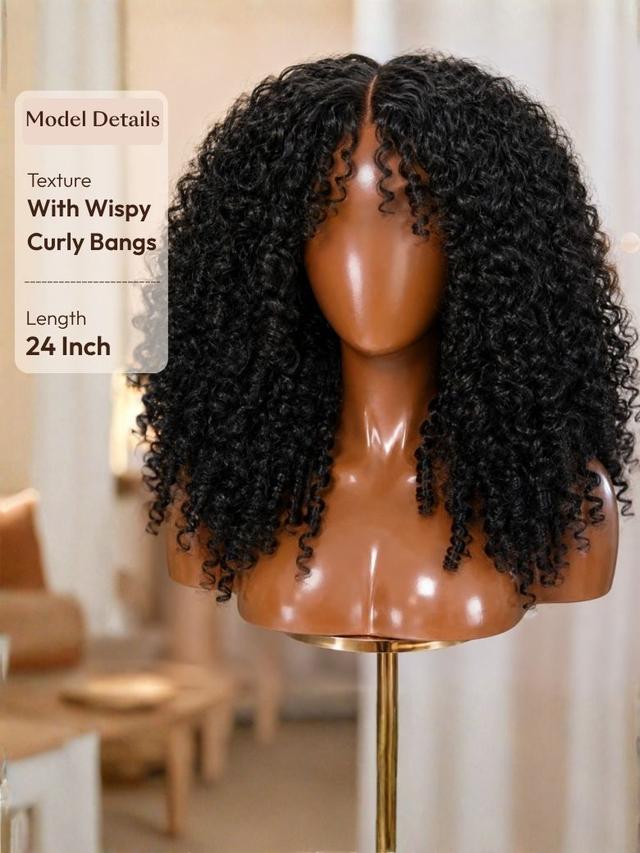 UNice 24-inch jerry curly human hair wig with wispy curly bangs