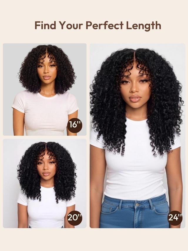 A length comparison guide for black kinky curly wigs on a mannequin, showing the difference between a 20-inch and 24-inch length with finger coil ends.