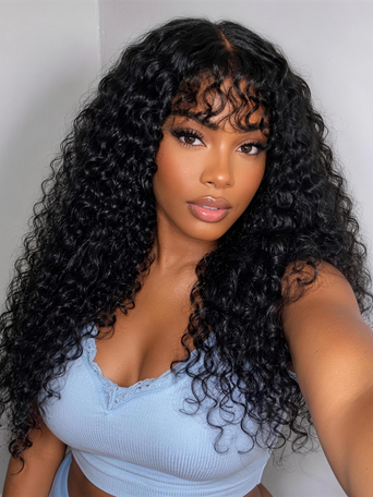 UNice Shaggy Curly Wig with Pre-Cut Bangs | Glueless Beginner-Friendly 2×4 Lace | Natural Black