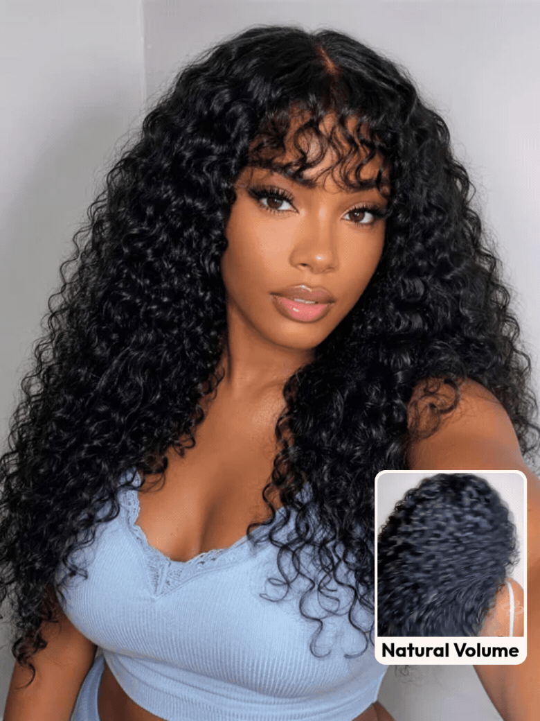 UNice Shaggy Curly Wig with Pre-Cut Bangs | Glueless Beginner-Friendly 2×4 Lace | Natural Black