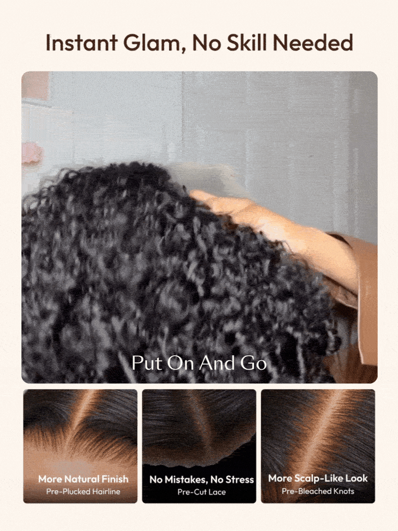 Infographic for a beginner-friendly curly black wig highlighting the pre-plucked hairline, pre-cut lace, and pre-bleached knots for a realistic, scalp-like appearance without professional styling.
