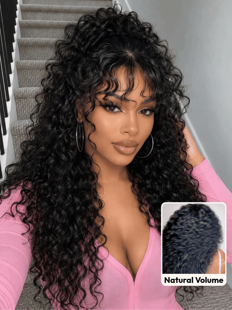 UNice Shaggy Curly Wig with Pre-Cut Bangs | Glueless Beginner-Friendly 2×4 Lace | Natural Black