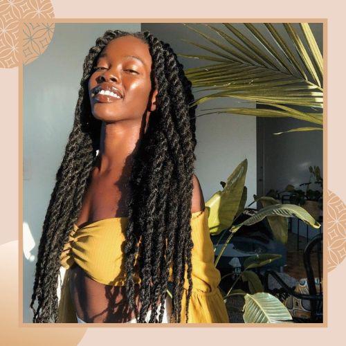 Long chunky Havana twists hairstyle in natural black color