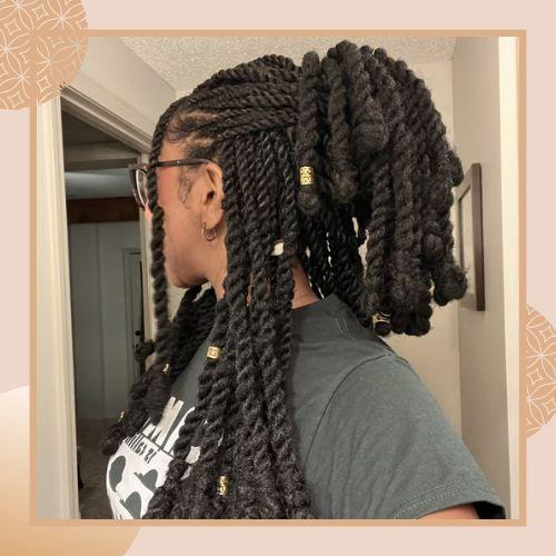Classic thick Marley twists protective hairstyle styled in a bun