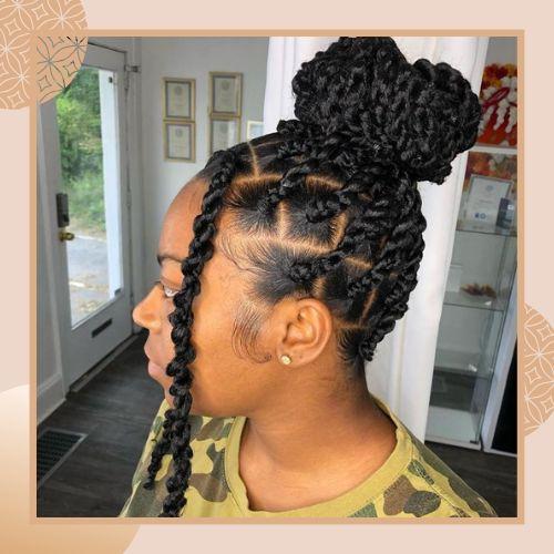 High twist braid updo bun hairstyle with hanging front strands