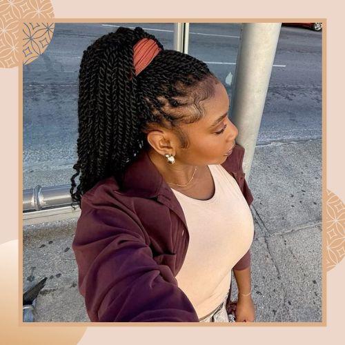 High ponytail twist braid hairstyle styled with a hair scrunchie
