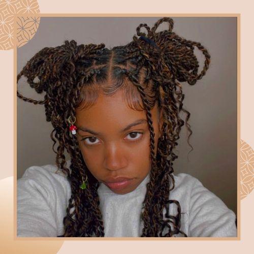 Cute twist braid space buns hairstyle with face-framing tendrils