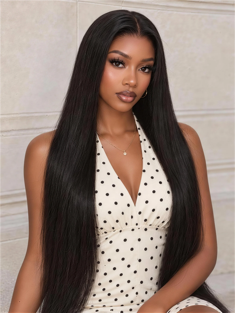 A model displays the UNice 3 Pcs Brazilian Body Wave Bundles - Full Install Ready, 100% Virgin Soft Human, showing a model with long black hair and a pink shirt and body.