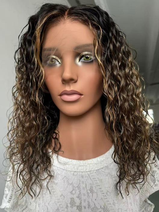 The UNice 360 HD Lace Pre-plucked Luxury Raw Virgin Hair Brown to Honey Blonde Ombre wig product image shows a wig with long hair on a mann and straight texture, honey.