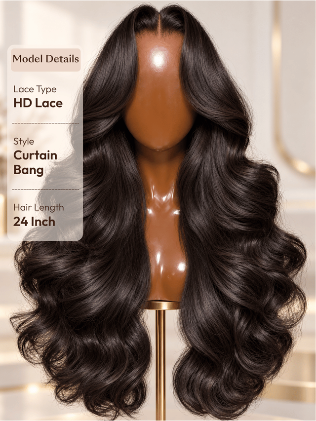 A model displays the UNice 13x4 HD Lace Bye Bye Slip Body Wave Wig - Human Hair Glueless Pull & Go Fit, showing a model with long black hair and a full wig and body wave.